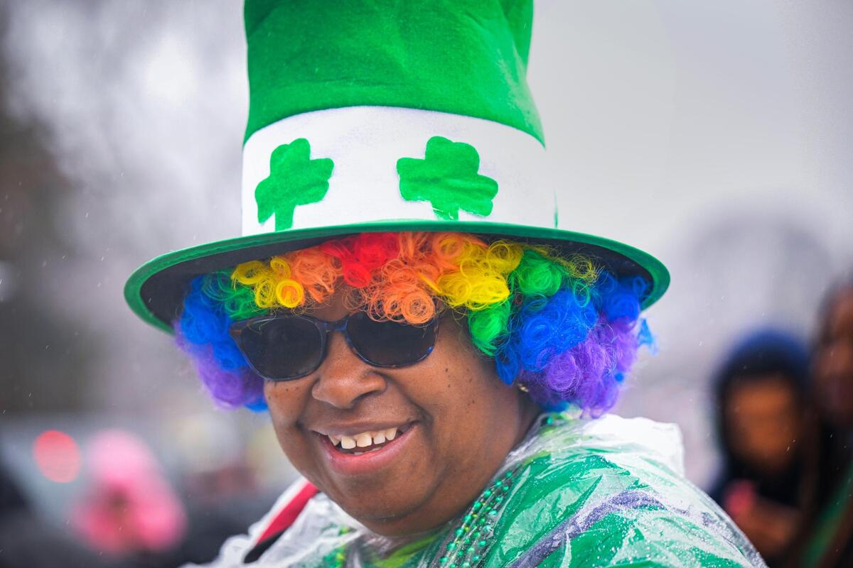 Edwina Graham donned Irish garb and marched with Border Star Montessori during the 2023 Brookside St. Patrick’s Day Warm-Up Parade on Saturday March 11, 2023 in Kansas City.