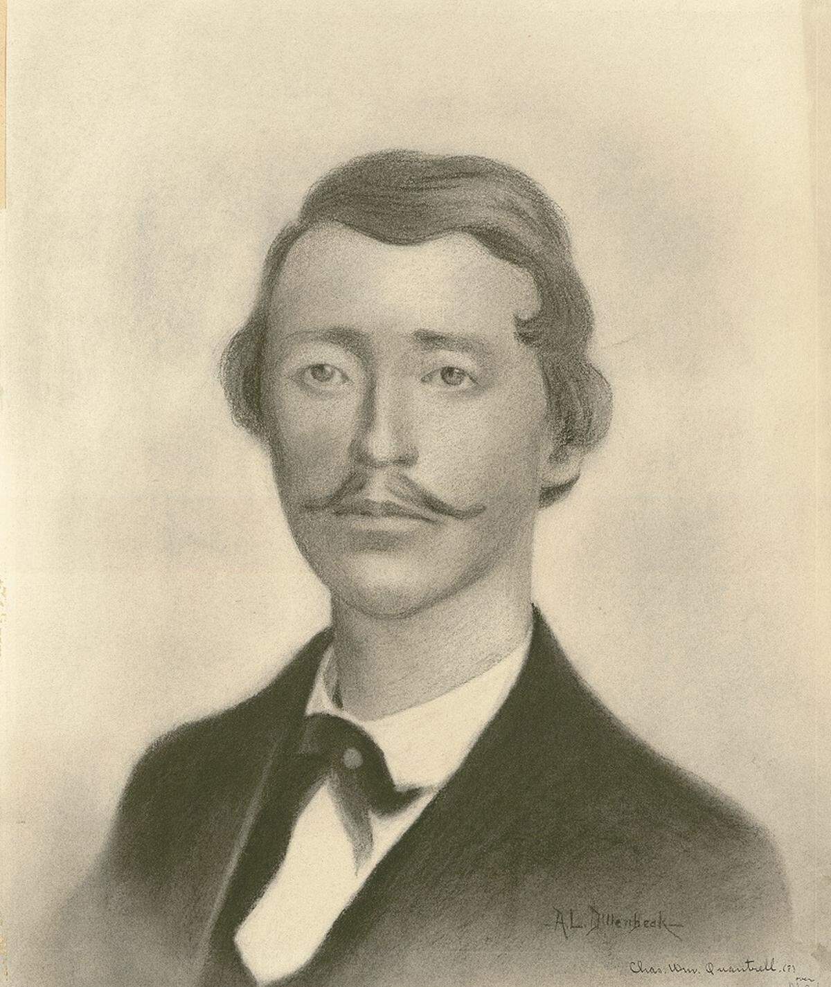 Charcoal drawing of William Clarke Quantrill by A.L. Dillenbeck. Quantrill was fatally wounded in Kentucky on May 10, 1865, during an ambush by Union forces.