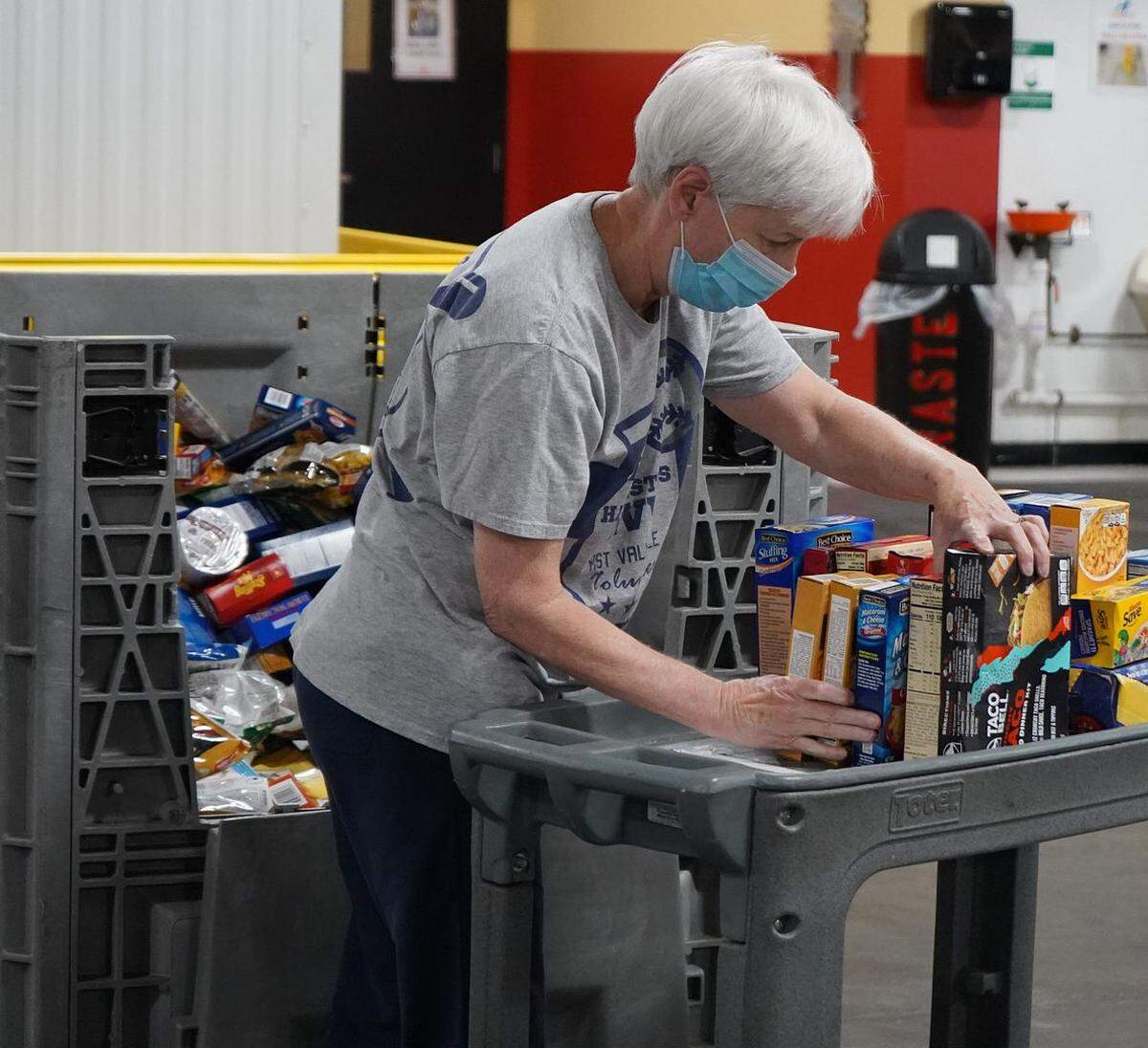 Harvesters’ warehouse volunteer sorting donated food.