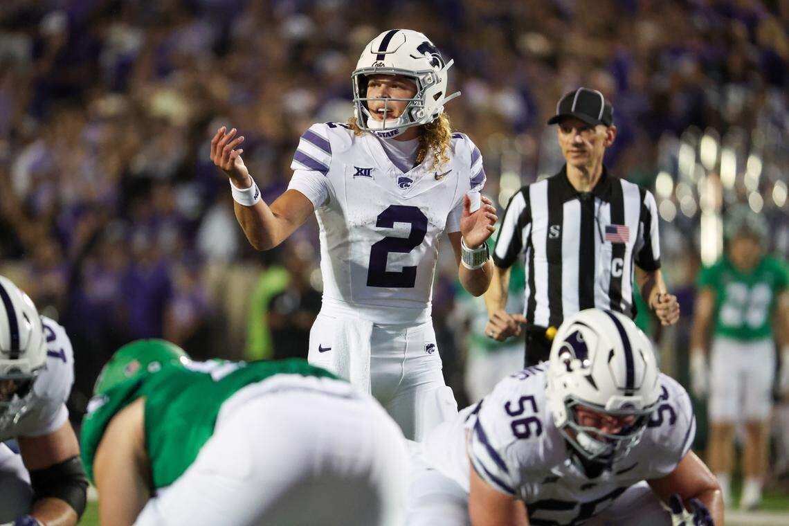 Kansas State Wildcats quarterback Avery Johnson (2) motions to a teammate during the third quarter against the North Dakota Fighting Hawks at Bill Snyder Family Stadium on Aug. 30, 2025.