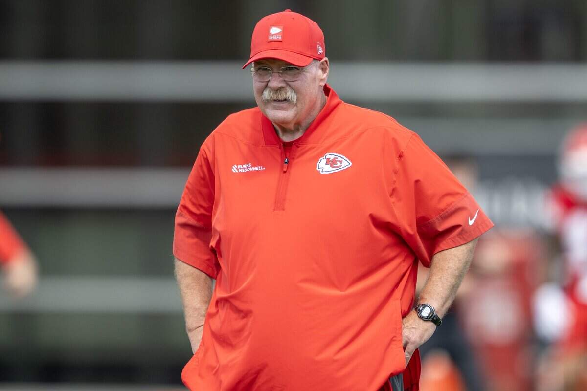 Kansas City Chiefs head coach Andy Reid observes players during minicamp practice at the Chiefs' practice facility on Wednesday, June 10, 2026, in Kansas City.