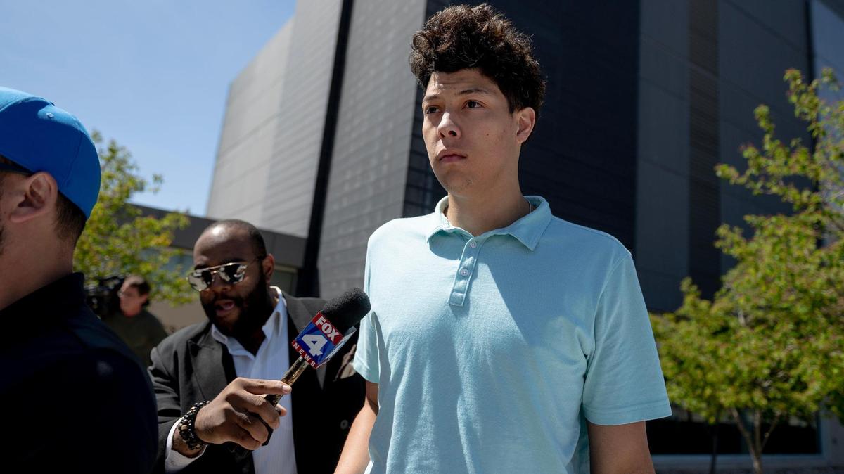Jackson Mahomes exits the Johnson County jail after being arraigned on three charges of sexual battery on Wednesday, May 3, 2023, in Olathe, Kan.
