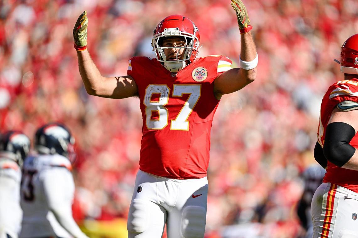 Kansas City Chiefs tight end Travis Kelce (87) celebrates a touchdown in the first half against the Denver Broncos on Sunday, Nov. 10, 2024, at GEHA Field at Arrowhead Stadium.