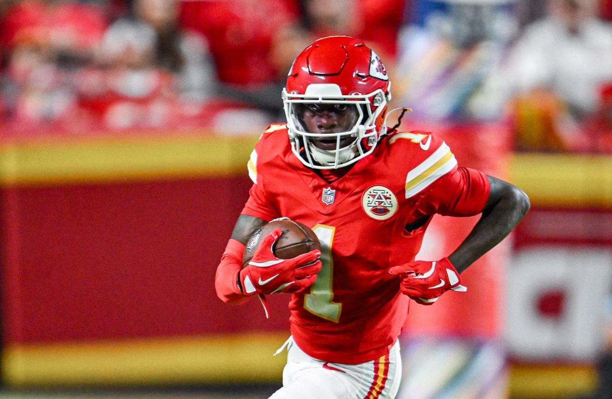 Chiefs’ Xavier Worthy on Monday, Oct. 7, 2024, at GEHA Field at Arrowhead Stadium.