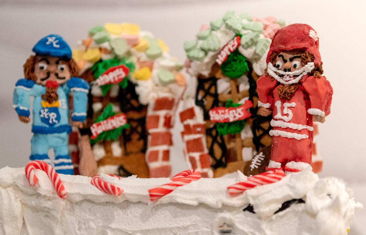 Gingerbread figures of Royals catcher Salvador Pérez and Chiefs quarterback Patrick Mahomes are seen on display at the National Toy and Miniature Museum.