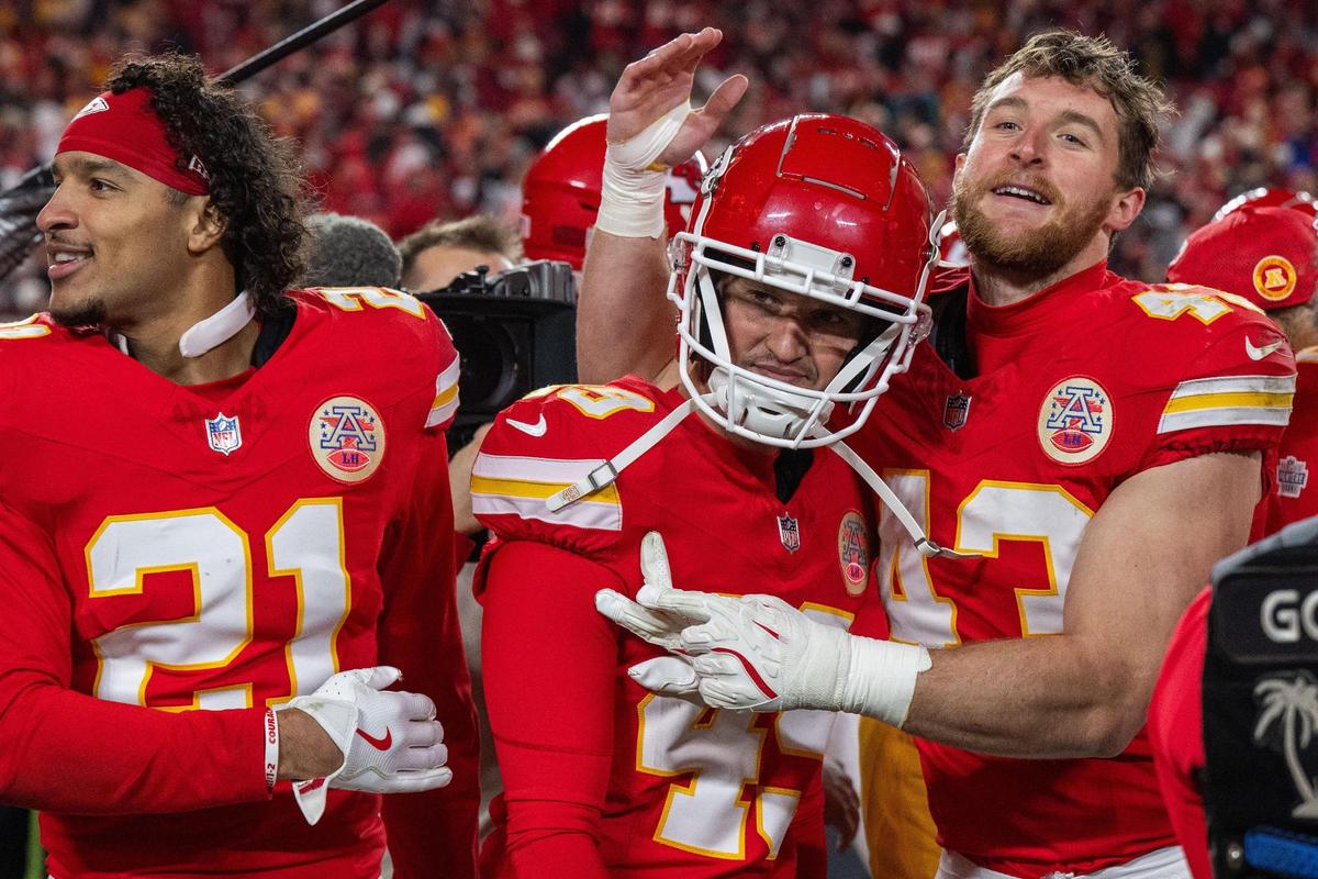 Kansas City Chiefs place kicker Matthew Wright (49) celebrates kicking the game-winning field goal vs. the Los Angeles Chargers on Sunday, Dec. 8, 2024 at GEHA Field at Arrowhead Stadium.