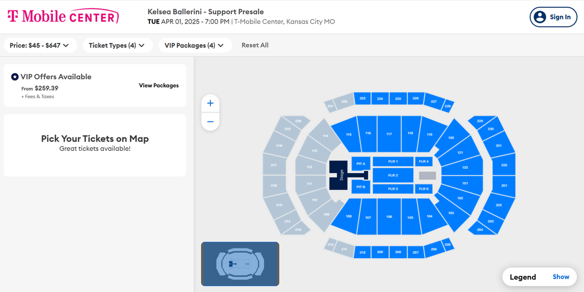 A screenshot of the seating chart inside T-Mobile Center for country music star Kelsea Ballerini’s upcoming show. The singer plays in Kansas City Tuesday, April 1.