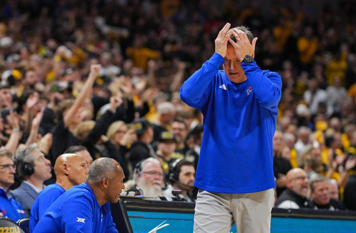 Kansas Jayhawks men’s basketball coach Bill Self reacts to a play against the host Missouri Tigers at Mizzou Arena in Columbia on Sunday, Dec 8, 2024.