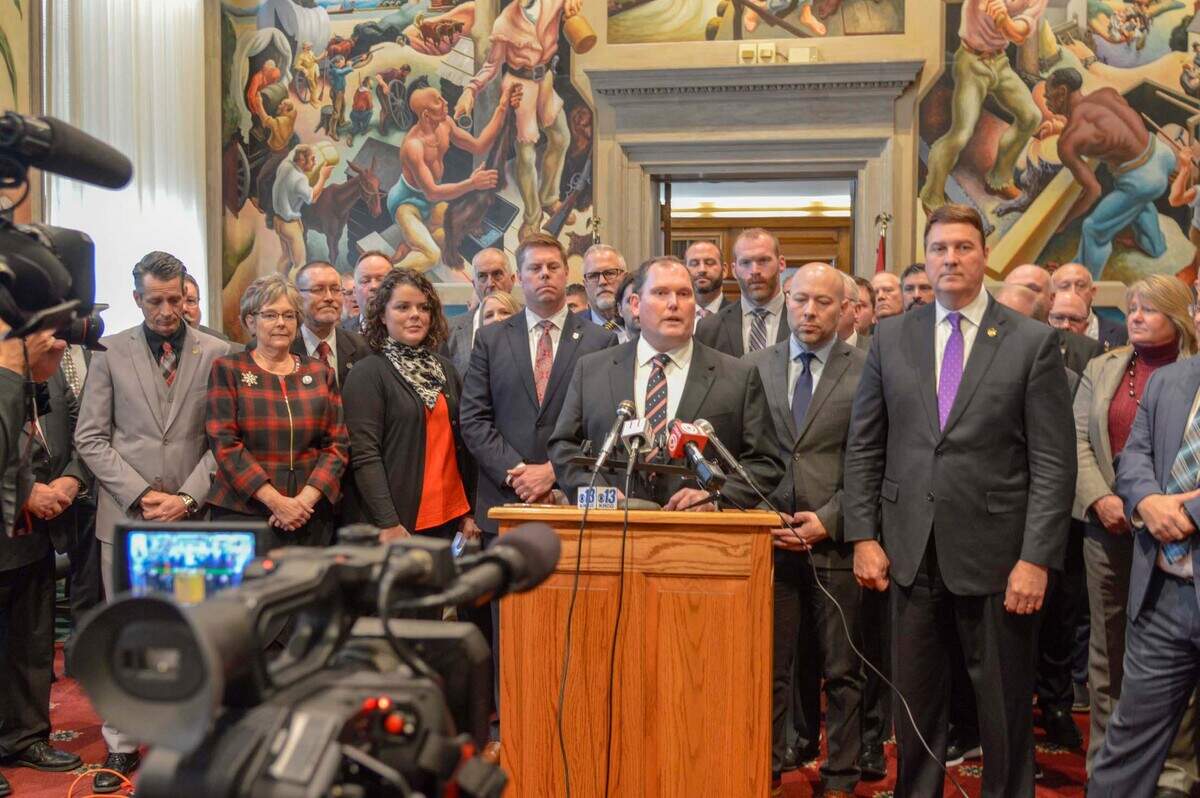Missouri Speaker of the House Rob Vescovo, center, and fellow Republican lawmakers hold a press conference on the first day of the 2022 legislative session on Jan. 5, 2022 in Jefferson City.