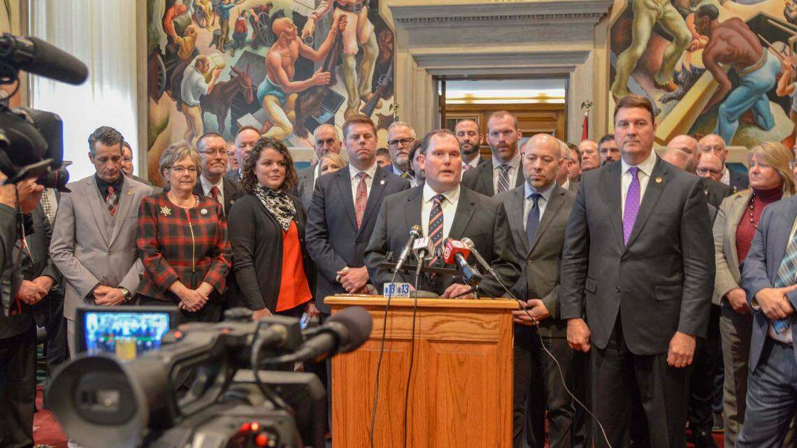 Missouri Speaker of the House Rob Vescovo, center, and fellow Republican lawmakers hold a press conference on the first day of the 2022 legislative session Wednesday in Jefferson City.