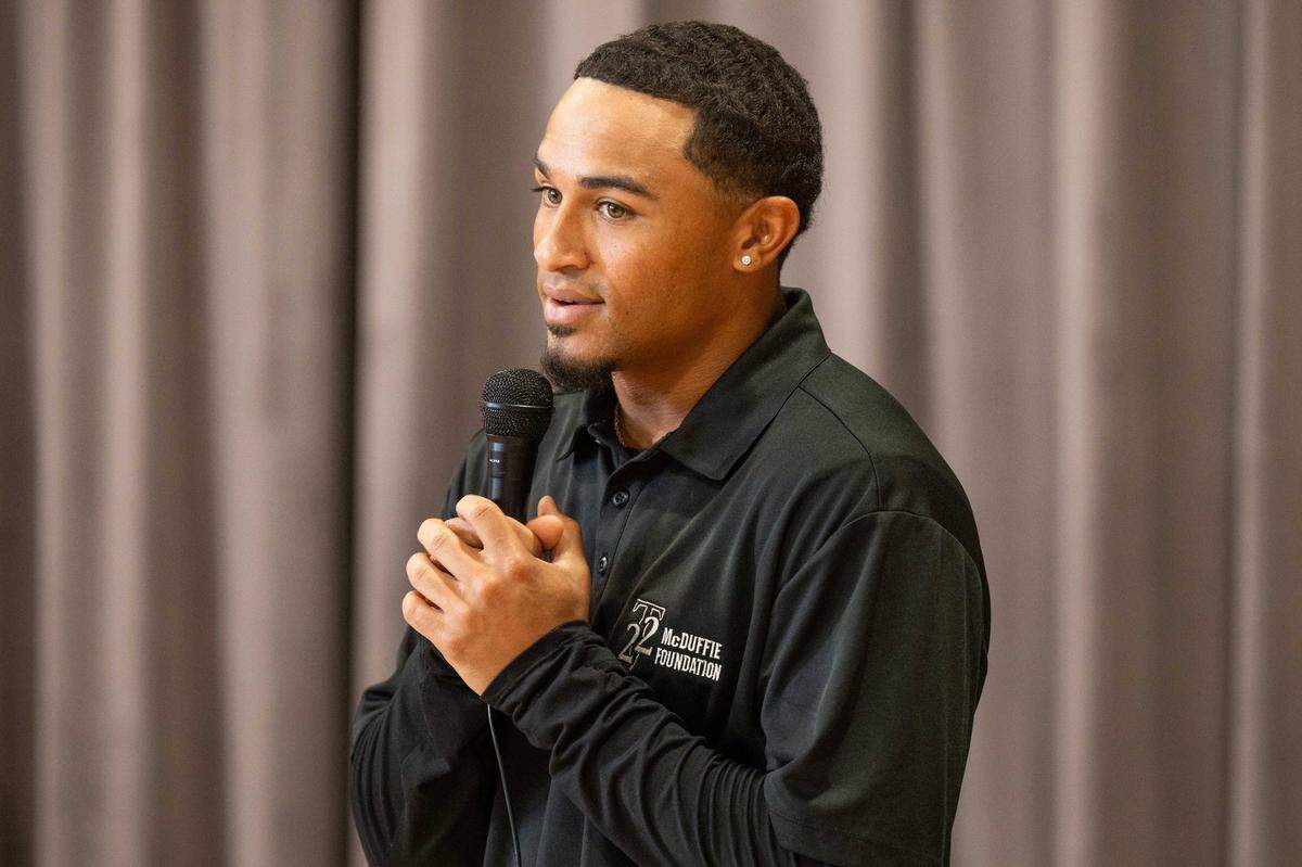 Kansas City Chiefs cornerback Trent McDuffie speaks to the students at Gordon Parks Elementary School during a meet & greet and backpack drive on Monday, Aug. 25, 2025, in Kansas City. In addition to signing autographs, McDuffie donated the backpacks, which also included water bottles and school supplies, to 150 kids at the school through his T22 McDuffie Foundation.