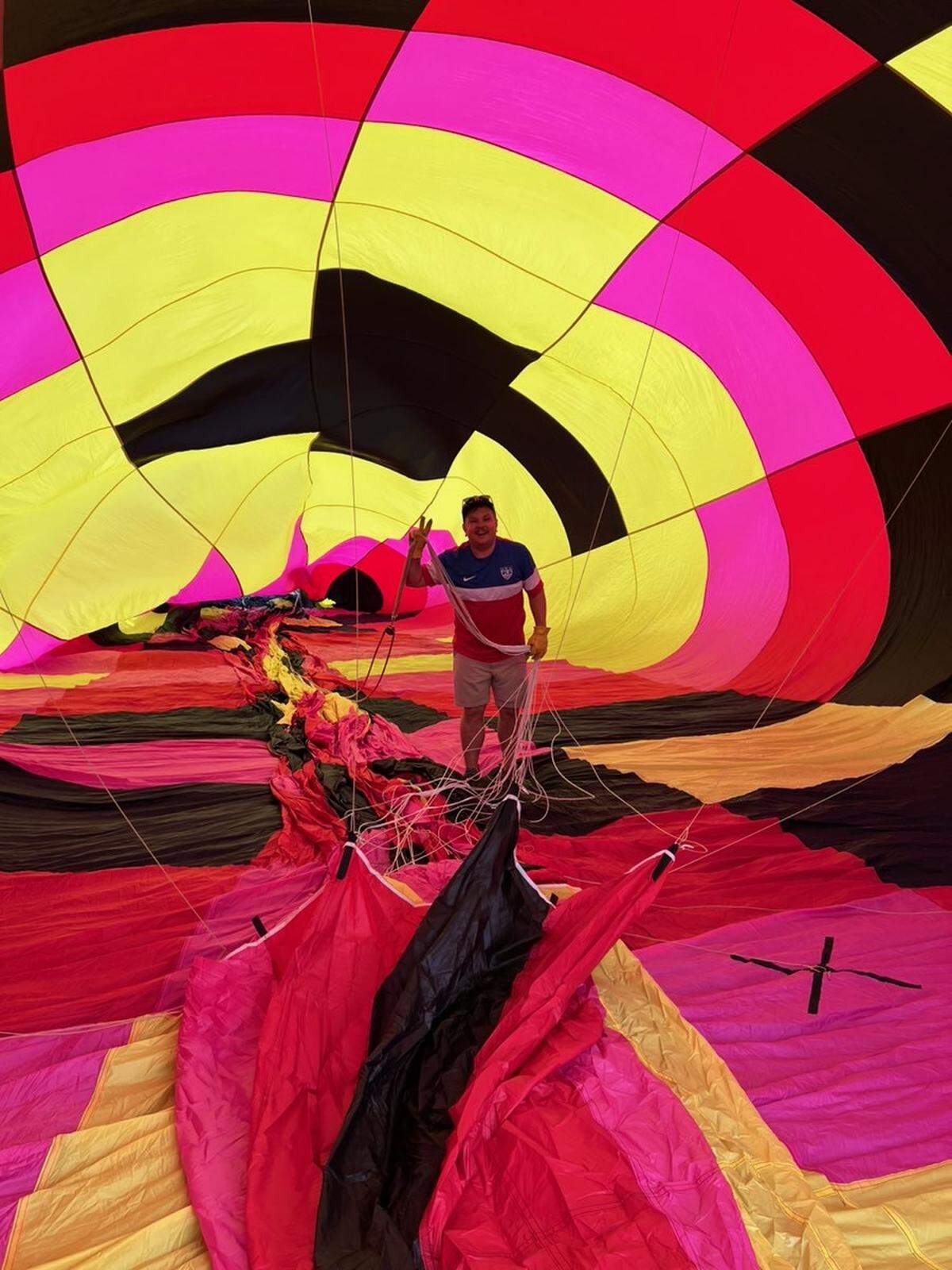 Cody Robinson inside “Grand Banana 2.0” before it is inflated.