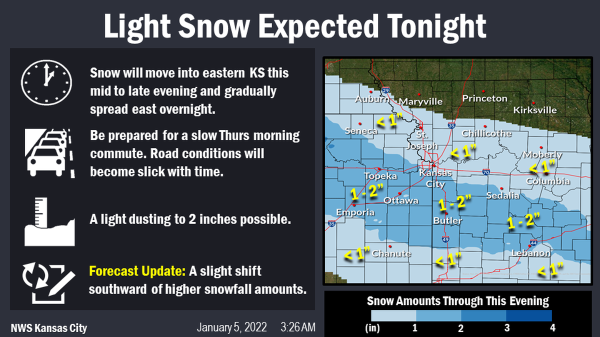 Light snow and dangerously cold temperatures are expected in the Kansas City area as a quick moving storm passes through the area, according to the National Weather Service in Kansas City.