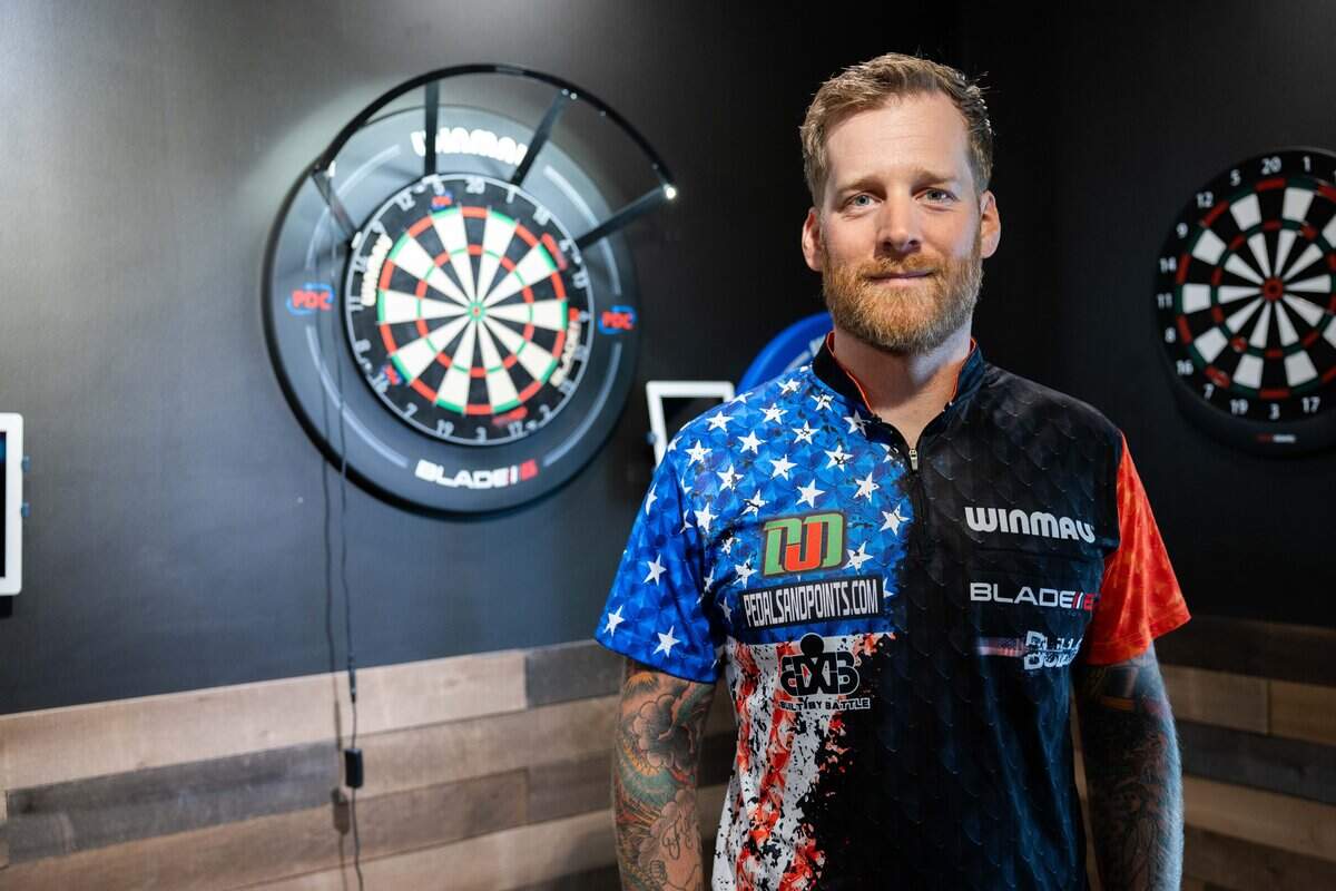 Professional darts player Jules van Dongen at his home on Saturday, June 13, 2026.
