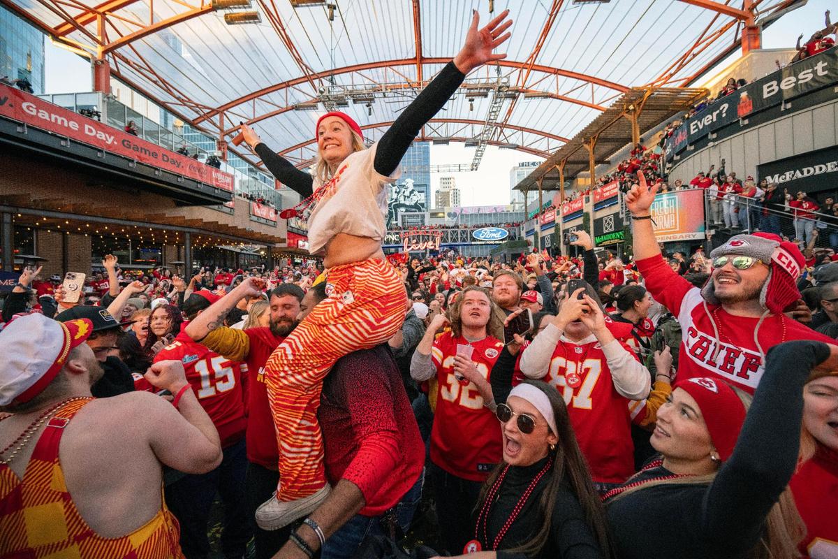 Chiefs fans celebrated at KC Live! in the Kansas City Power & Light District on Sunday, Jan. 26, 2024, as the Chiefs defeated the Baltimore Ravens, 17-10, to capture the AFC Championship and head the Super Bowl.