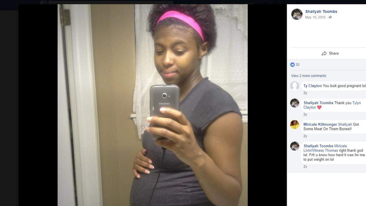 A Facebook photo posted in 2015 shows Shaliyah Toombs during a previous pregnancy. Toombs, 23, was found dead inside a parked pickup truck outside Oklahoma City on Wednesday, May 2, 2018.