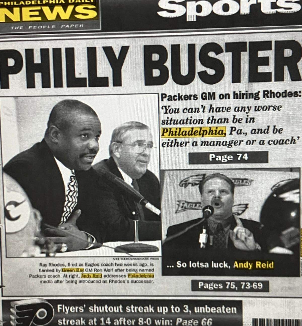 Here’s the sports cover from the Philadelphia Daily News on Tuesday, Jan. 12, 1999, the day after Andy Reid’s hire by the Eagles as the organization’s next head coach.