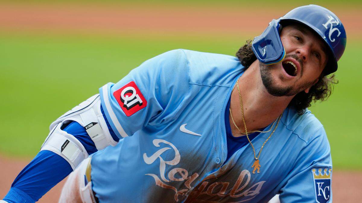 Kansas City Royals designated hitter Vinnie Pasquantino belted a triple during a game against the Cleveland Guardians at Kauffman Stadium on Sunday, March 30, 2025.
