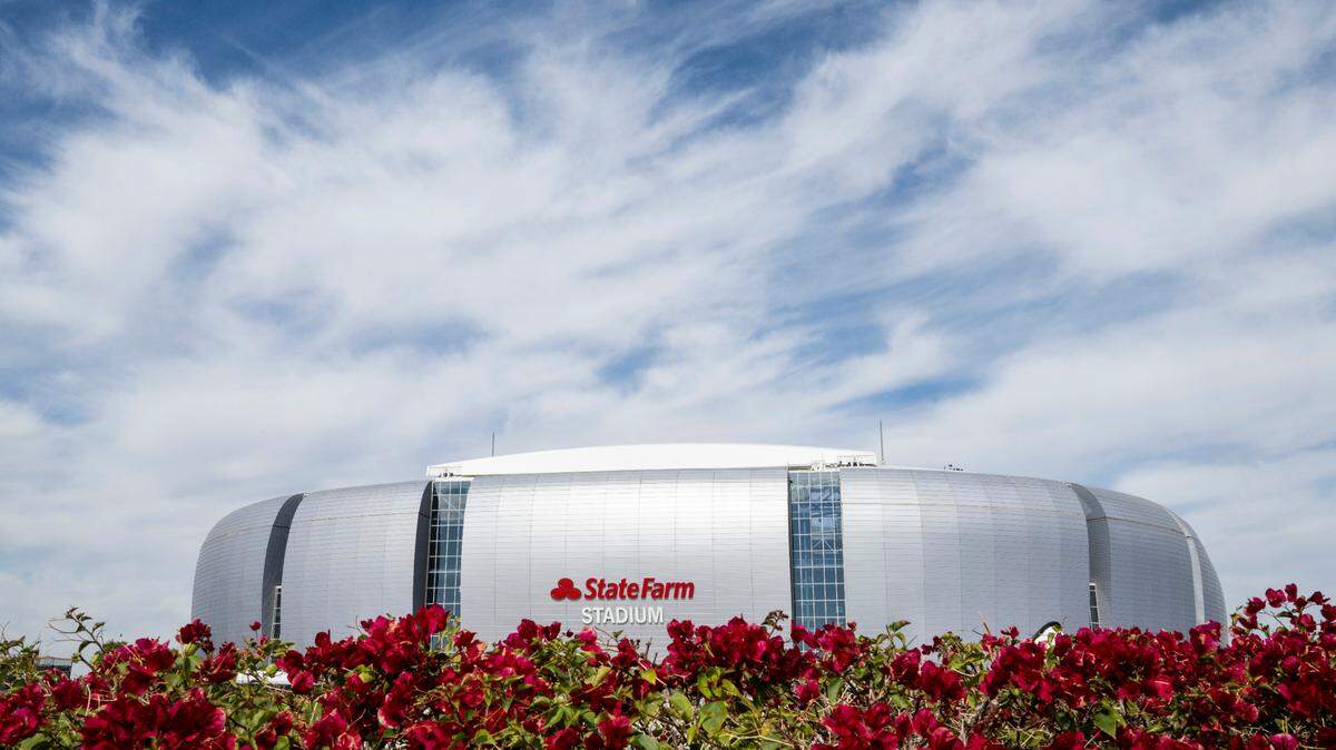An overall, exterior, general view of State Farm Stadium before the NFL Super Bowl 57 football game between the Philadelphia Eagles and the Kansas City Chiefs, Sunday, Feb. 12, 2023, in Glendale, Ariz. (Kyusung Gong/AP Images for the NFL)