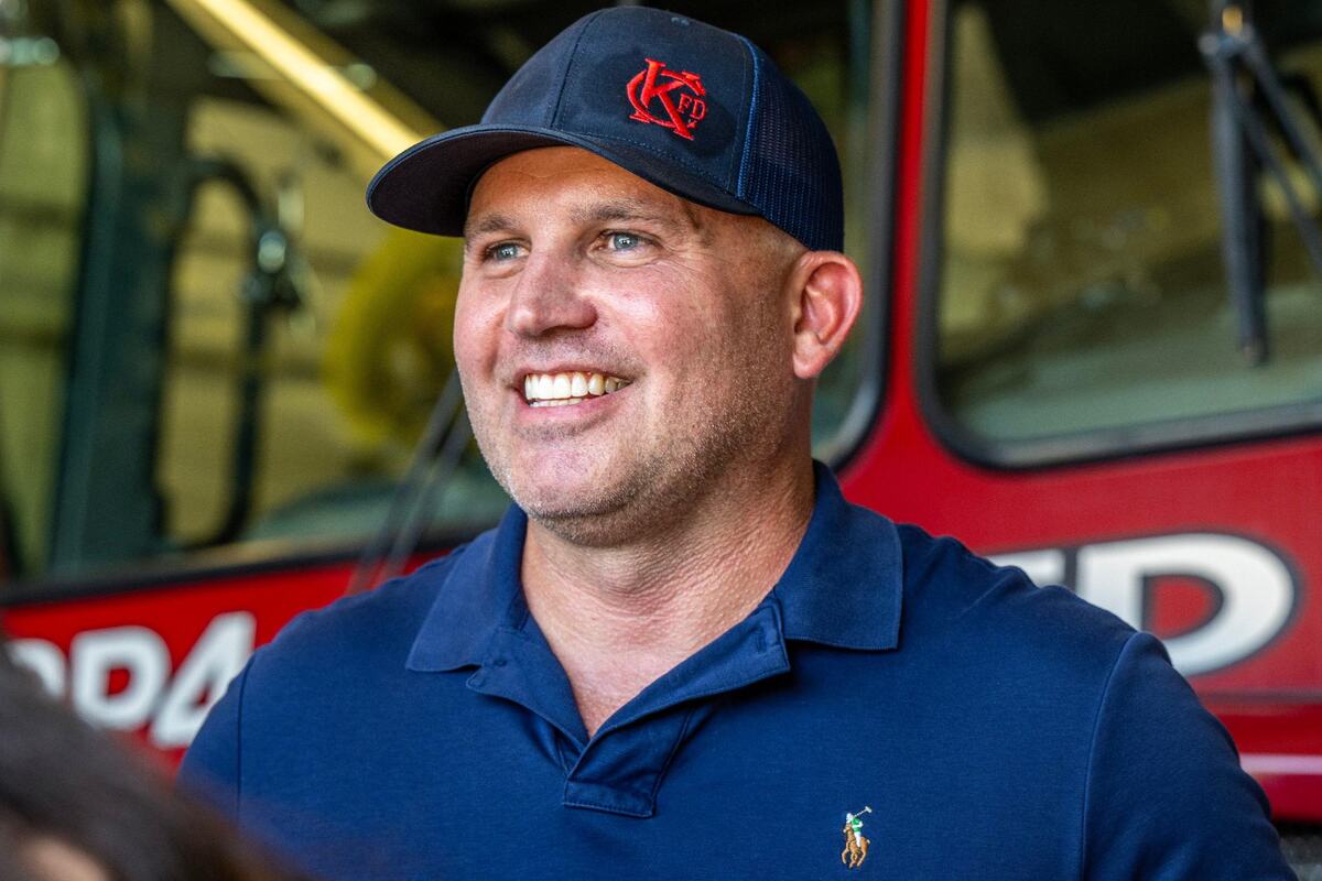 Kansas City Fire Department employee Brandon Hullinger addresses the media at KCFD Station No. 44 on Tuesday, Aug. 27. Hullinger, who was off duty at the time, saved a child from drowning at a neighborhood pool Monday.