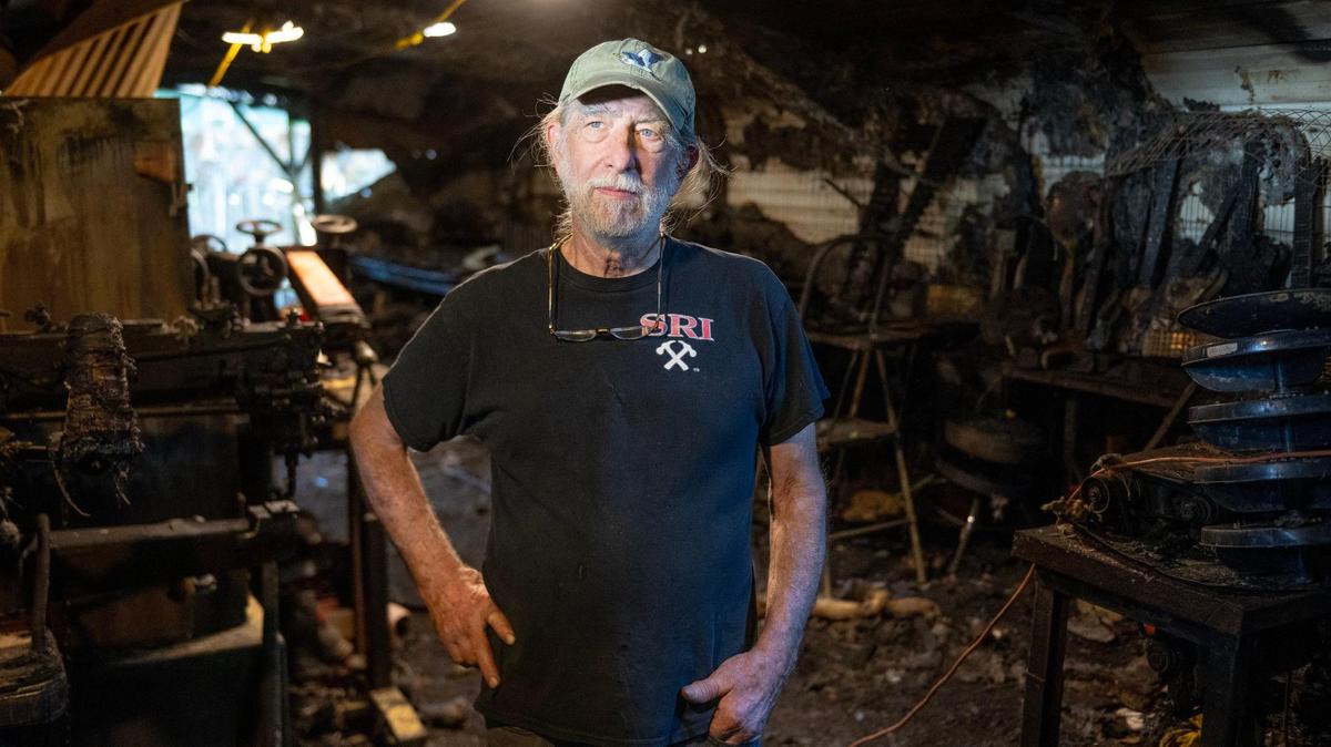 Bruce Barlow at BKB Leather, the north Lawrence shop he has owned since 1987. An Aug. 7 fire burned nearly everything inside to a crisp.