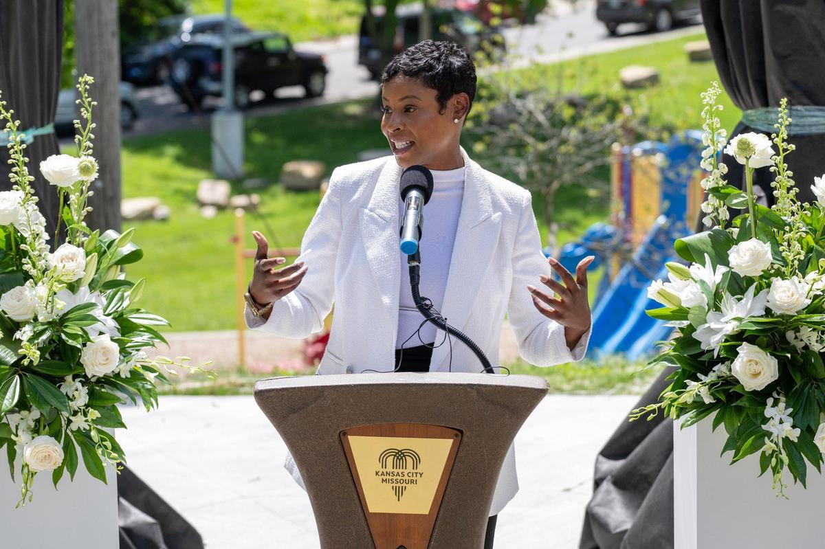 Jackson County Prosecutor Melesa Johnson speaks during the unveiling of the Children’s Memorial at Hibbs Park on Thursday, May 15, 2025, in Kansas City.