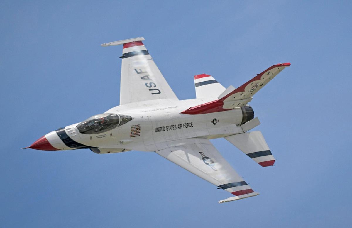 One of the U.S. Air Force Thunderbirds flies at high speed after arriving from Las Vegas at the New Century AirCenter on Thursday, Sept. 1, 2022, in Gardner, Kansas, for the Garmin KC Air Show, which runs Saturday and Sunday.