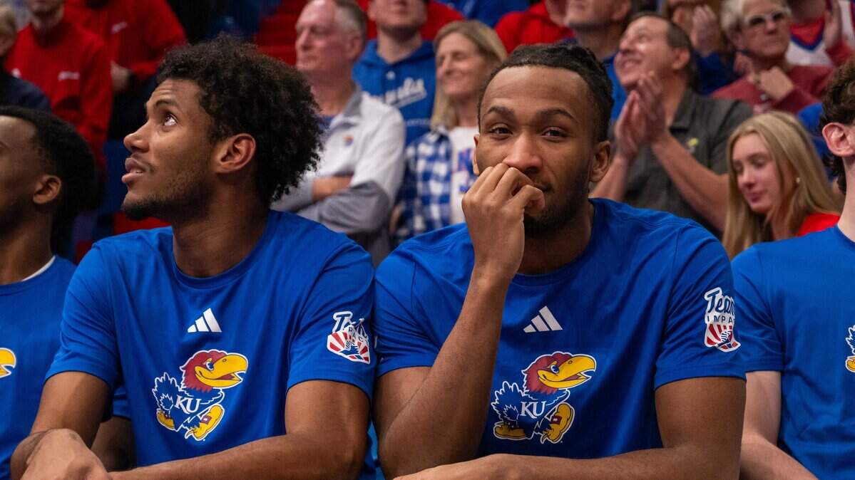 Kansas Jayhawks guard Darryn Peterson (22) sits on the bench in the second half of the game vs. the Towson Tigers on Tuesday, December 16, 2025, at Allen Fieldhouse.
