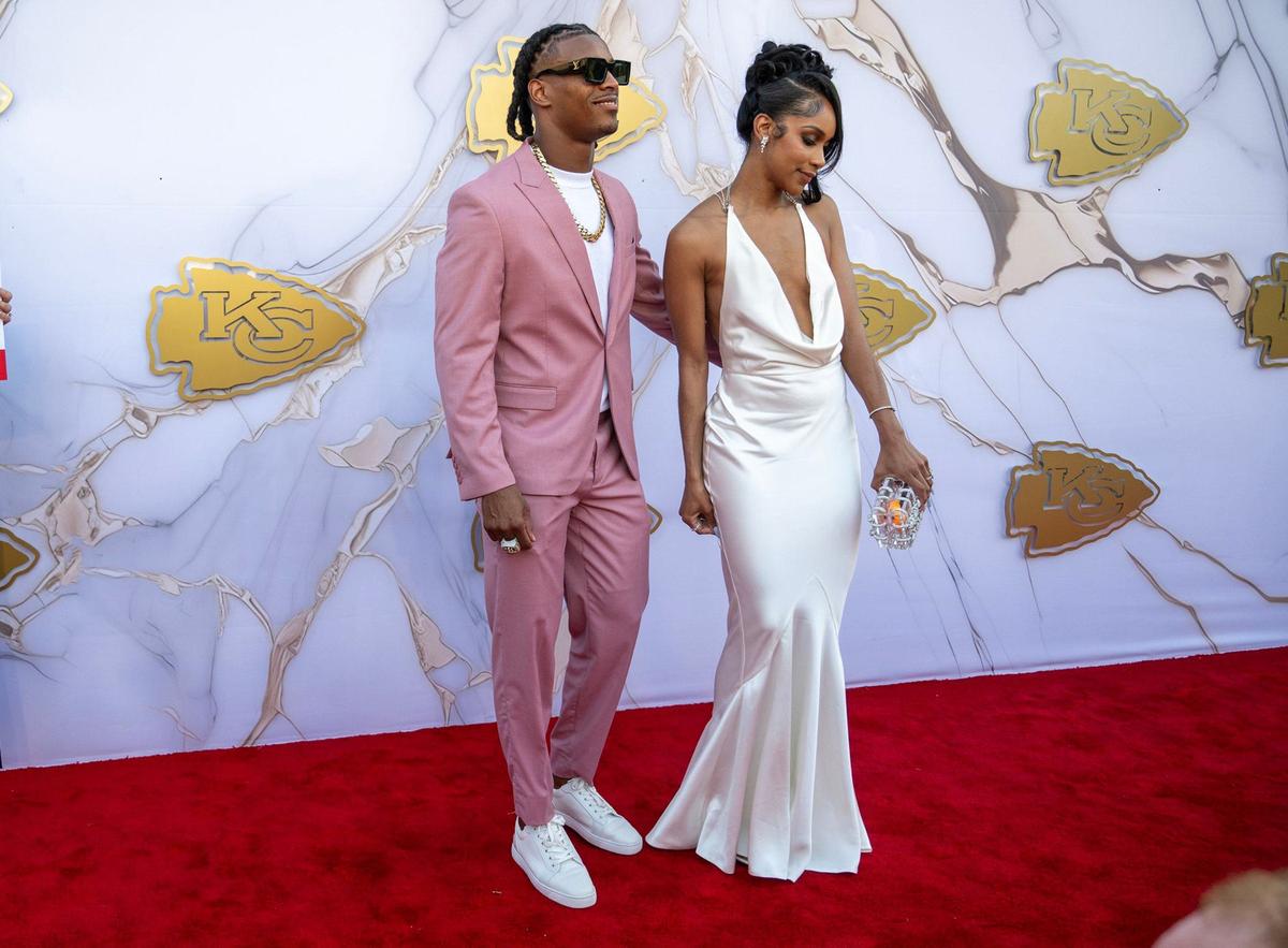 Kansas City Chiefs defensive back Deon Bush and his wife, Amina Smith, walked the red carpet before the Super Bowl LVIII championship rings presentation event.