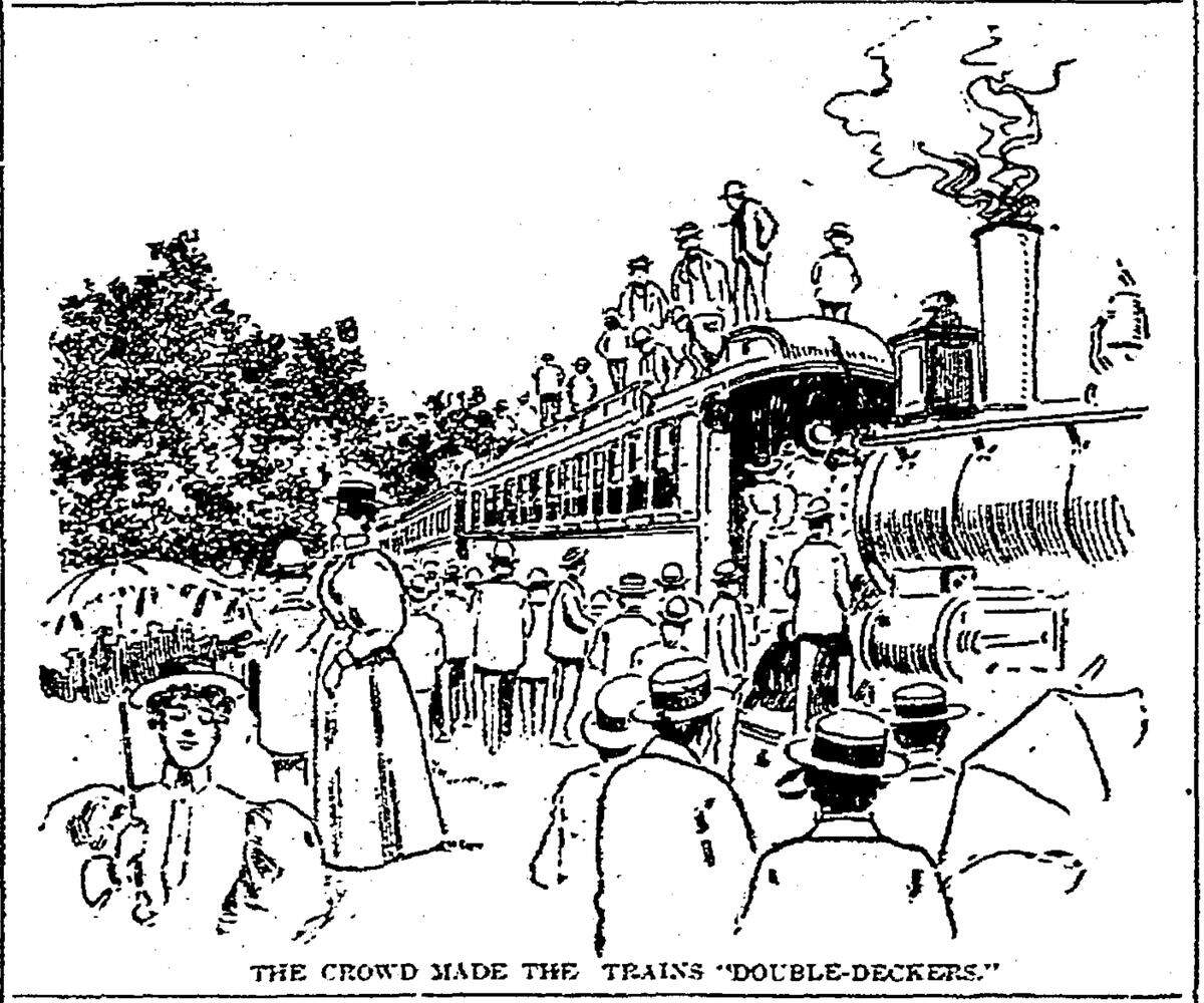 Excited parkgoers rode atop railroad cars to reach the jubilee.