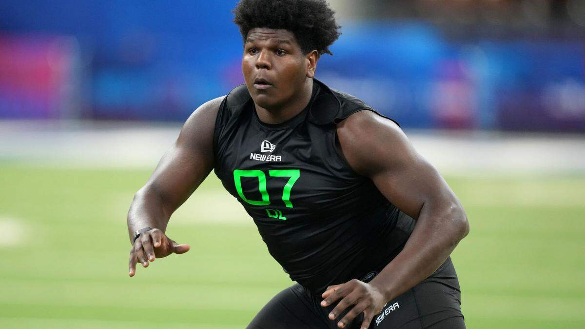 Oregon offensive lineman Josh Conerly (OL07) during the 2025 NFL Combine at Lucas Oil Stadium.
