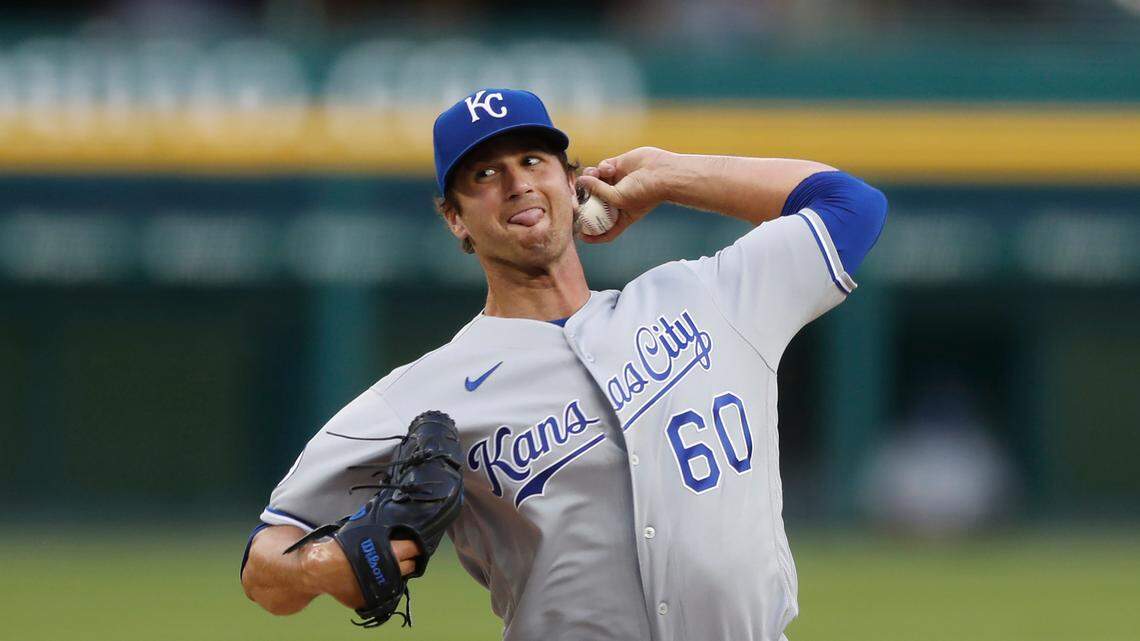 Kansas City Royals relief pitcher Foster Griffin throws during a baseball game against the Detroit Tigers, Monday, July 27, 2020, in Detroit. (AP Photo/Carlos Osorio)
