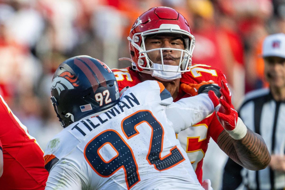 Kansas City Chiefs offensive tackle Kingsley Suamataia (76) blocks Denver Broncos linebacker Dondrea Tillman (92) in the third quarter during an NFL game on Sunday, Nov. 10, 2024, at GEHA Field at Arrowhead Stadium.