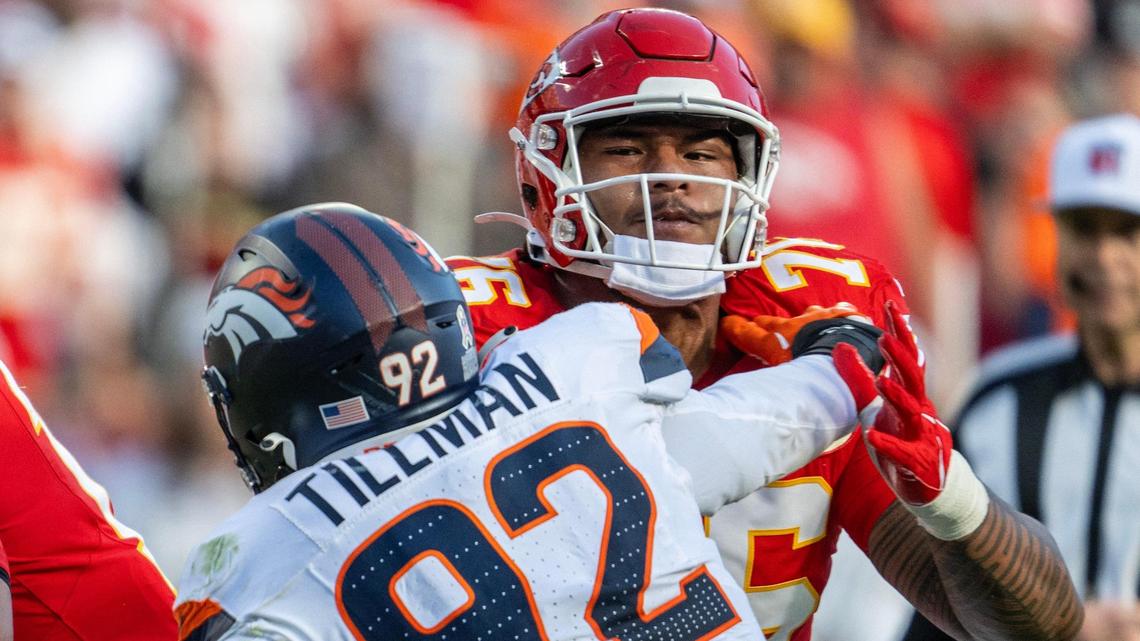 Kansas City Chiefs offensive tackle Kingsley Suamataia (76) blocks Denver Broncos linebacker Dondrea Tillman (92) in the third quarter during an NFL game on Sunday, Nov. 10, 2024, at GEHA Field at Arrowhead Stadium.