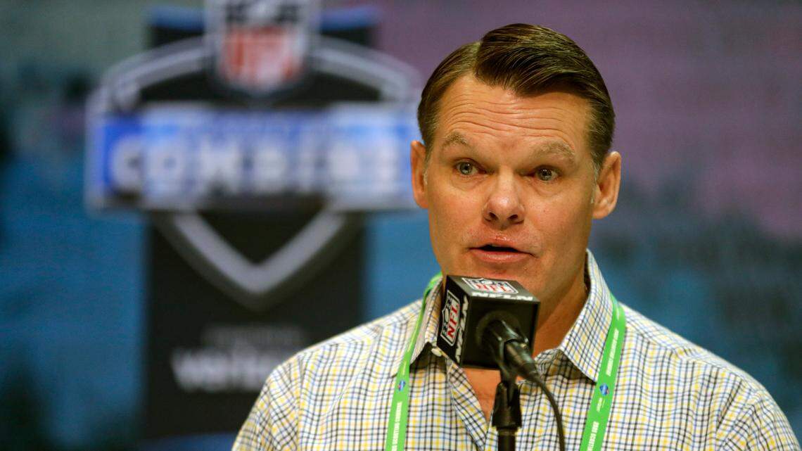 FILE - Indianapolis Colts general manager Chris Ballard speaks during a press conference at the NFL football scouting combine in Indianapolis, in this Tuesday, Feb. 25, 2020, file photo. With his team facing major holes at left tackle and edge rusher heading into next week’s NFL Draft in Cleveland, April 29-May 1, 2021, Indianapolis Colts owner Jim Irsay hopes to fill one need with the No. 21 overall pick and the other over the final six rounds. But Irsay isn’t tipping his hand about which way — or perhaps a third way — the Colts are leaning, certainly not with general manager Chris Ballard calling the shots. (AP Photo/Michael Conroy, File)