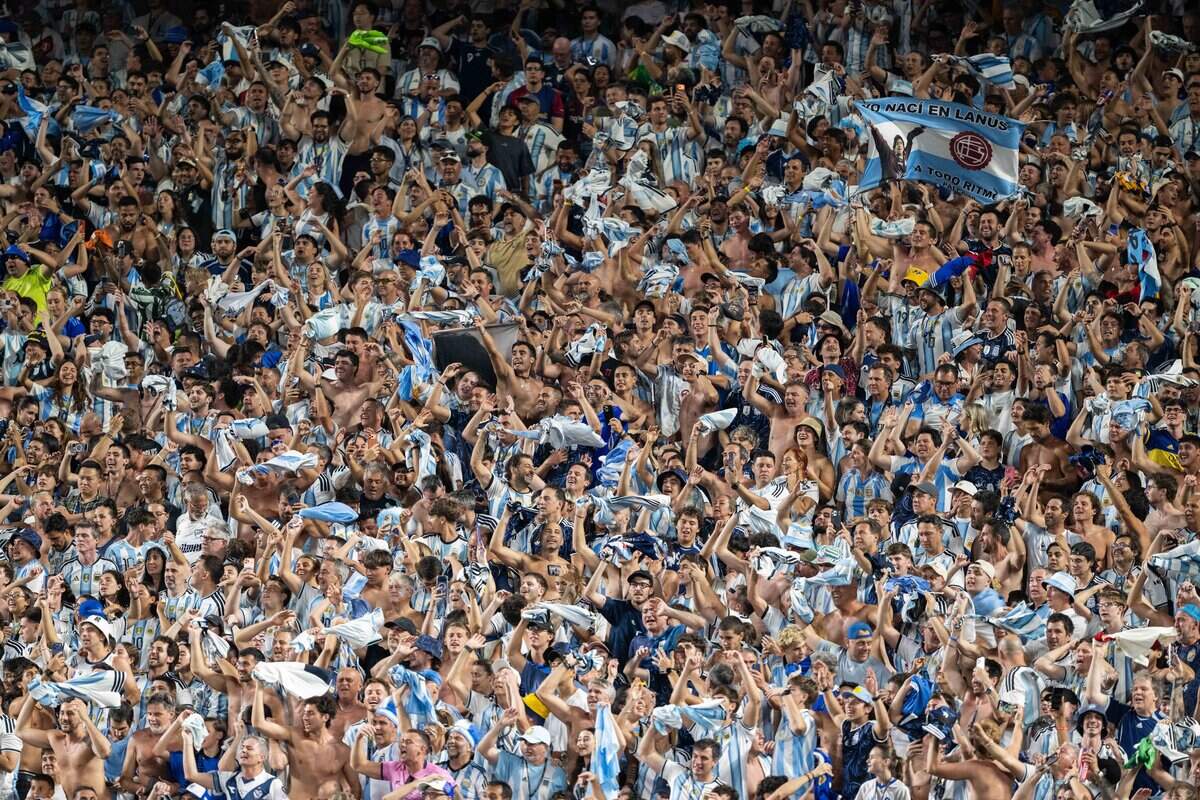 Argentina fans celebrate after Argentina wins in a 2026 FIFA World Cup quarterfinal match at Kansas City (Arrowhead) Stadium in Kansas City on Saturday, July 11, 2026.