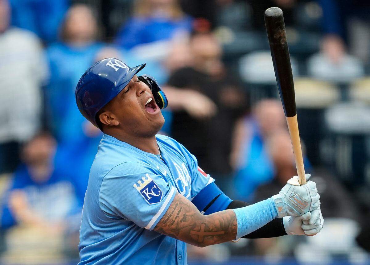 Kansas City Royals catcher Salvador Perez laments his pop-out in the eighth, which ended the inning with two men stranded in Sunday’s loss to the San Francisco Giants at Kauffman Stadium.