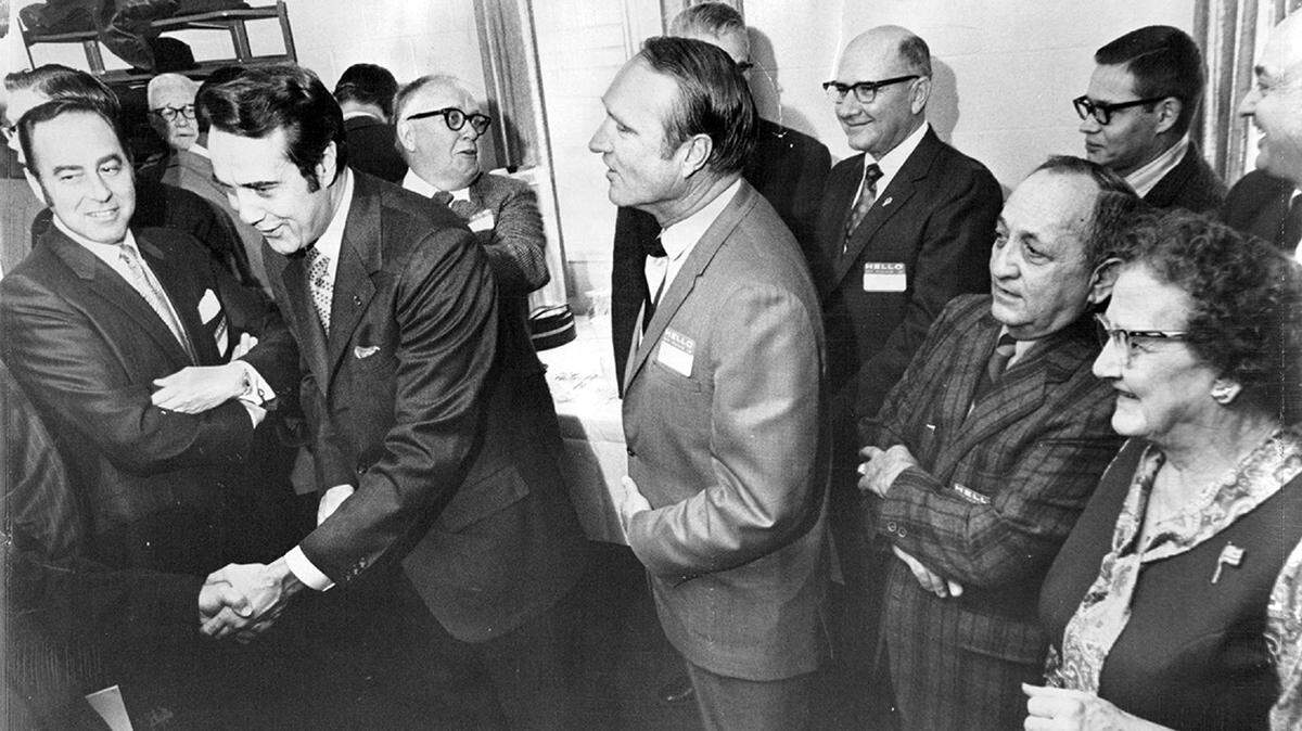 Senator Has New office -- Sen. Robert Dole (left) greeted Kansas City, Kansas, constituents this morning as he opened a new headquarters at 4508 Parallel avenue. At Dole’s left is Rep. Larry Winn, Jr., (R-Overland Park). Dole told a crowd of about 50 persons the office would handle social security and veterans claims as well as provide closer contact with voters. 