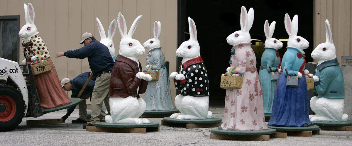 Giant Easter Bunny figures are loaded to be placed around the Plaza in 2007. The bunnies have been a fixture during the Easter holiday on the Plaza since the 1930s.