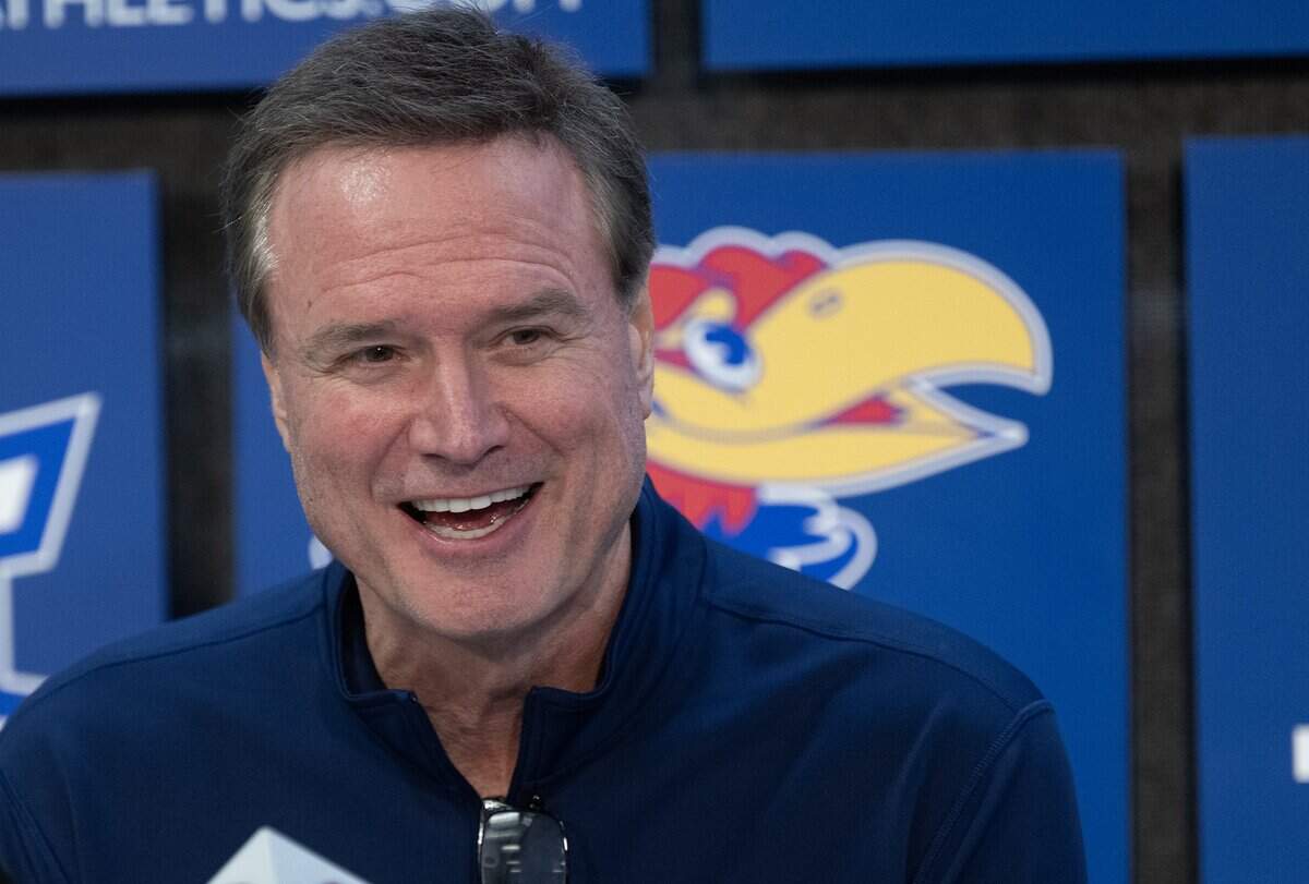 Kansas coach Bill Self talks with media members after the Jayhawks defeated the Iowa State Cyclones 84-63 on Tuesday, Jan. 13, 2026, at Allen Fieldhouse in Lawrence.