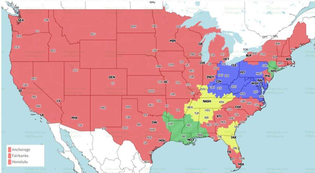 The Chiefs-Raiders coverage is in red. Ravens-Browns is in blue. Saints-Jets is in green. Jaguars-Titans is in yellow area.