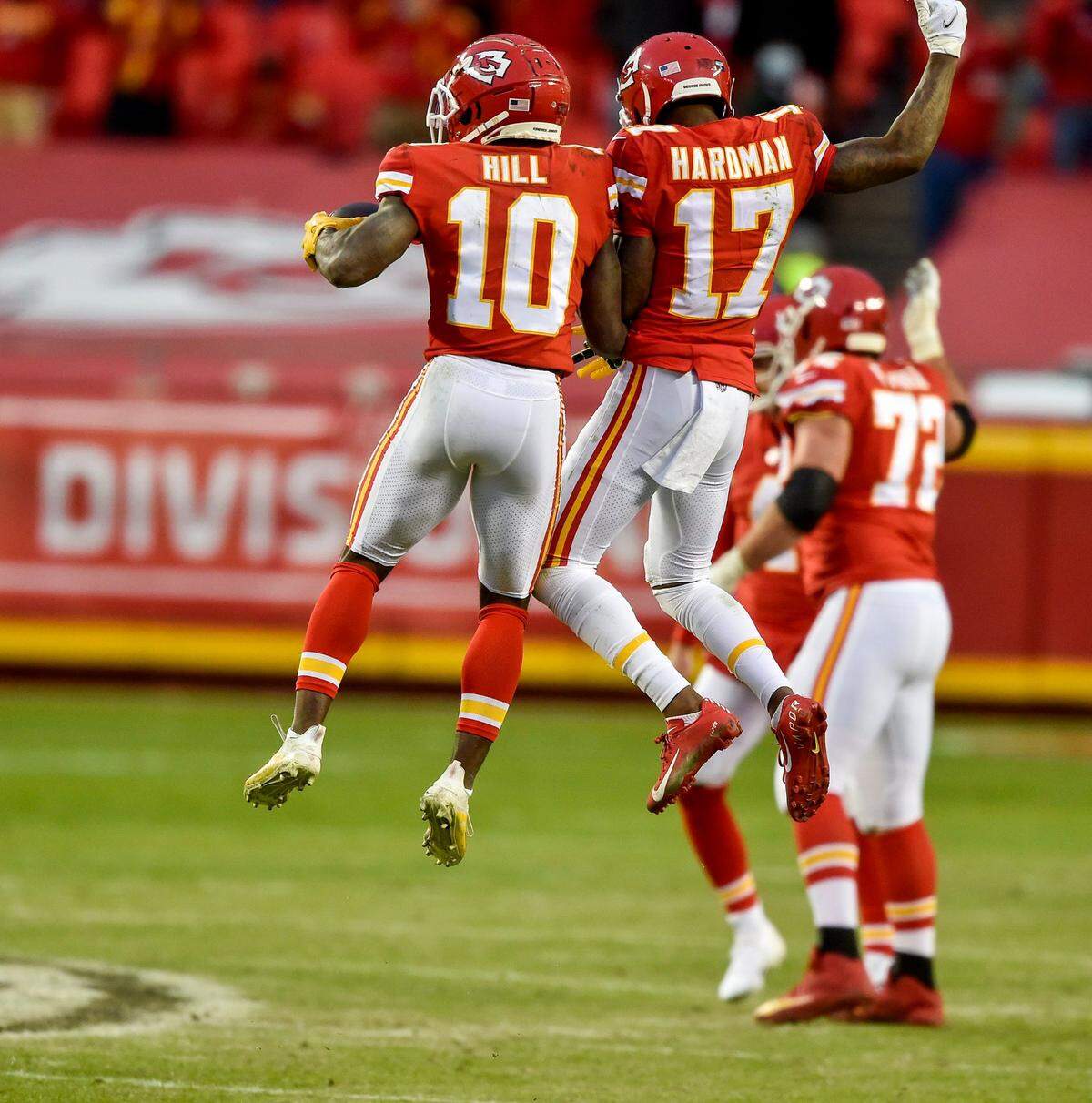 Kansas City Chiefs wide receivers Tyreek Hill and Mecole Hardman celebrate after Hill caught a pass for a first down late in the AFC Divisional Round playoff game between the Chiefs and the Cleveland Browns on Jan. 17, 2021.