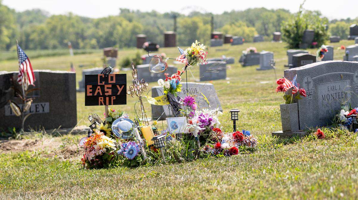 Friends and family have visited Jake Monteer's grave site, shown in this photo from Aug. 30, 2023, near Bates City. He was killed after being struck by a vehicle fleeing police in Independence in March.