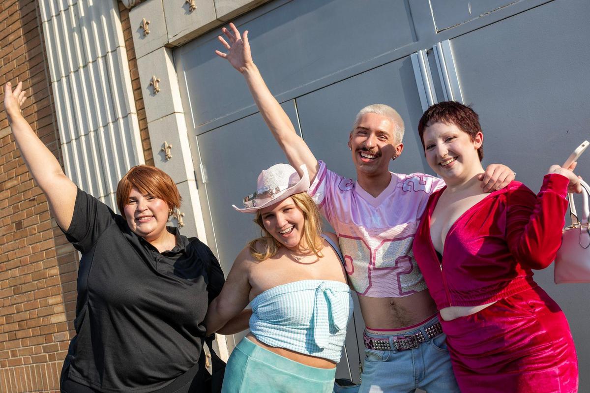 Gracie Craver, Darla Rodgers, Alex Olivera and Sofia Olivera wait in line to attend Trisha Paytas’s The Eras of Trish Tour at Uptown Theater on Thursday, May 29, 2025, in Kansas City.