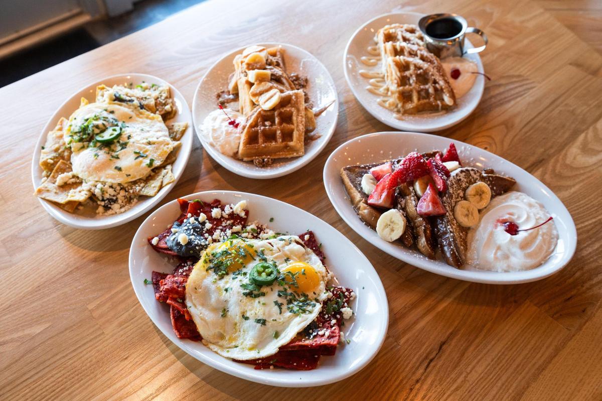 From top left clockwise, chilaquiles with green sauce, Banana Monster Waffles, horchata waffles, El Tango and chilaquiles with red sauce at AR’s Breakfast & Brunch.