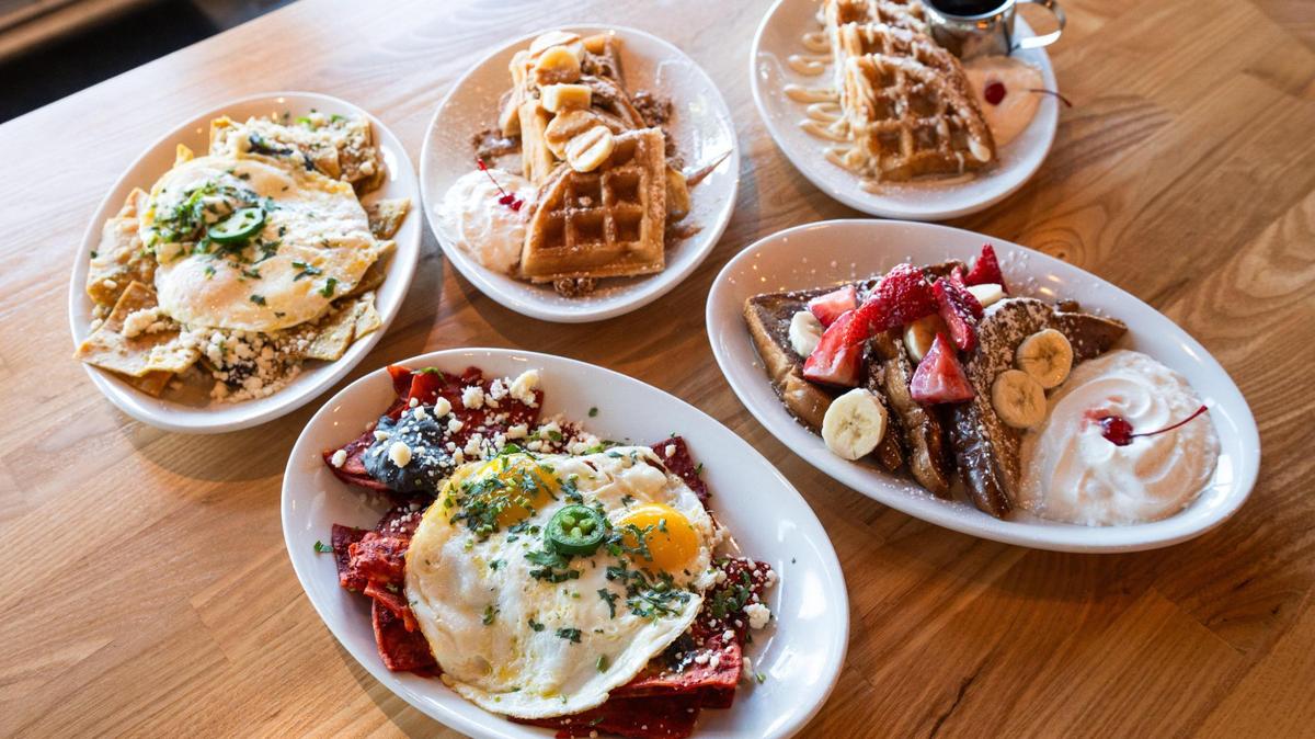 From top left clockwise, chilaquiles with green sauce, Banana Monster Waffles, horchata waffles, El Tango and chilaquiles with red sauce at AR’s Breakfast & Brunch.