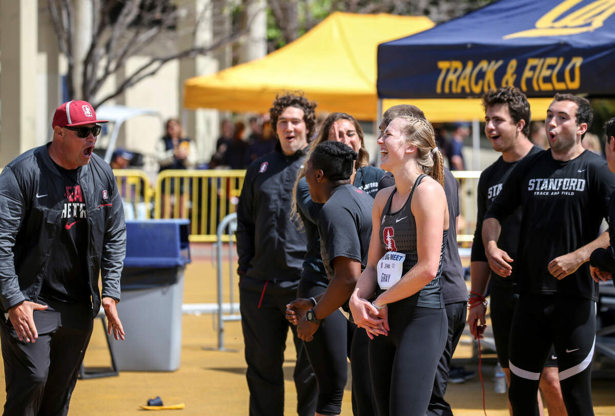 Jenna Gray, third from right, enjoys a fun moment at the Stanford-Cal "Big Meet."