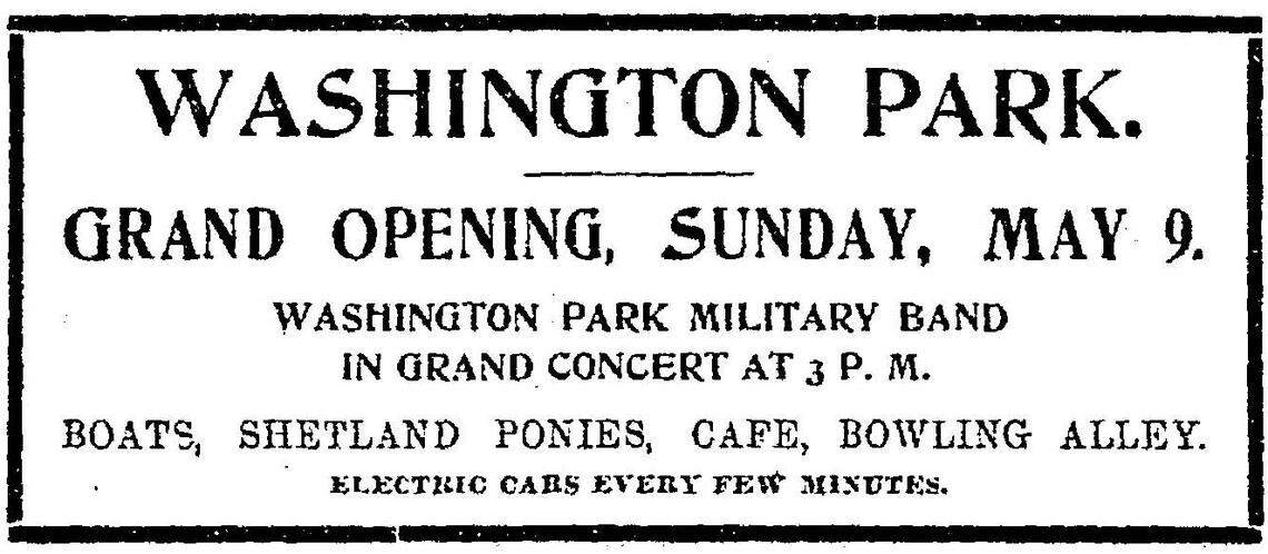 Advertisement for the grand opening of Washington Park, now Mount Washington Cemetery.