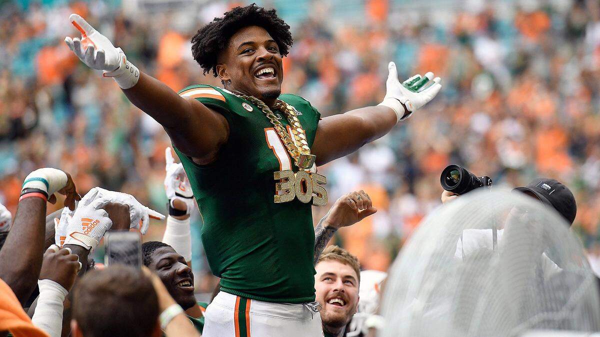 University of Miami defensive end Gregory Rousseau wears the Hurricanes’ ”turnover chain” during a 2019 game against Central Michigan.