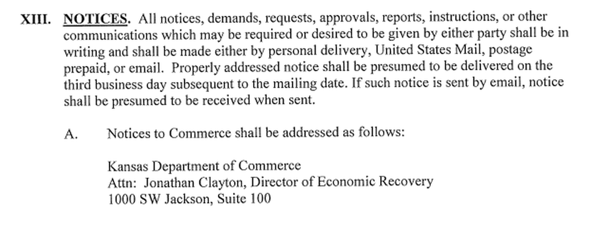 A grant agreement required the Mullinville Community Foundation to send all communications to Jonathan Clayton at the Kansas Department of Commerce.